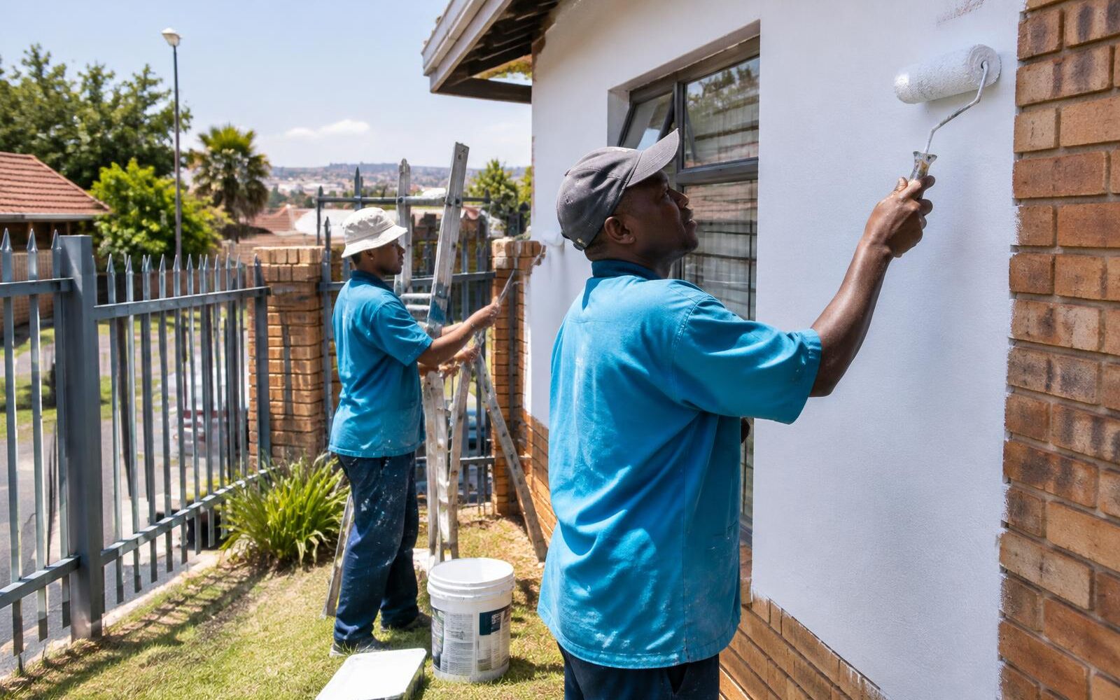 Two painters rolling white paint onto the exterior wall of a Johannesburg house