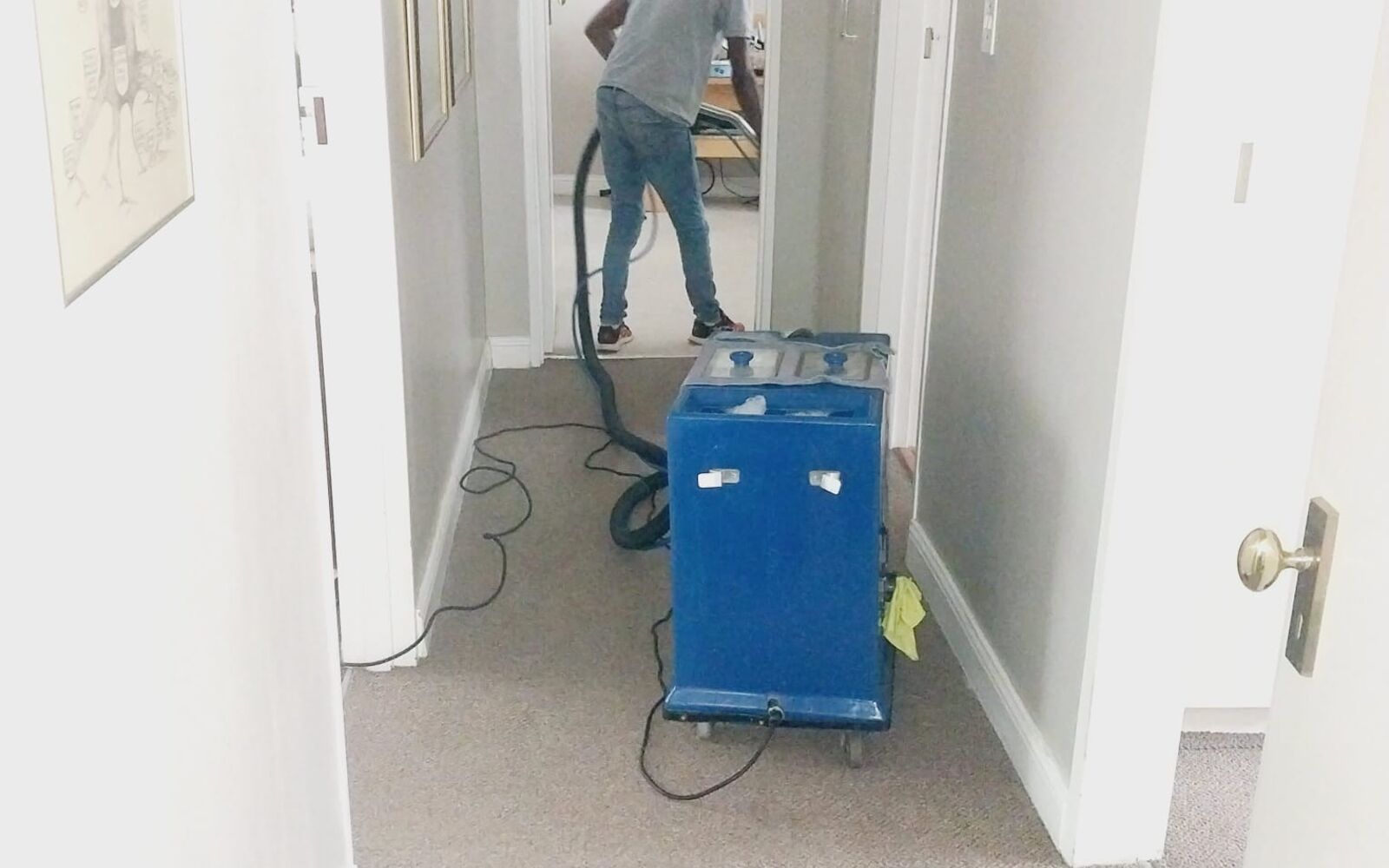 Team member cleaning carpets in a home passage