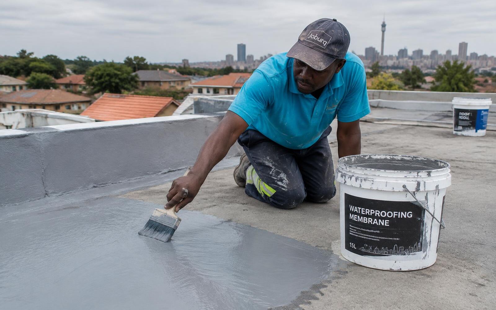 Worker brushing grey waterproofing membrane onto a flat roof with the Johannesburg skyline behind