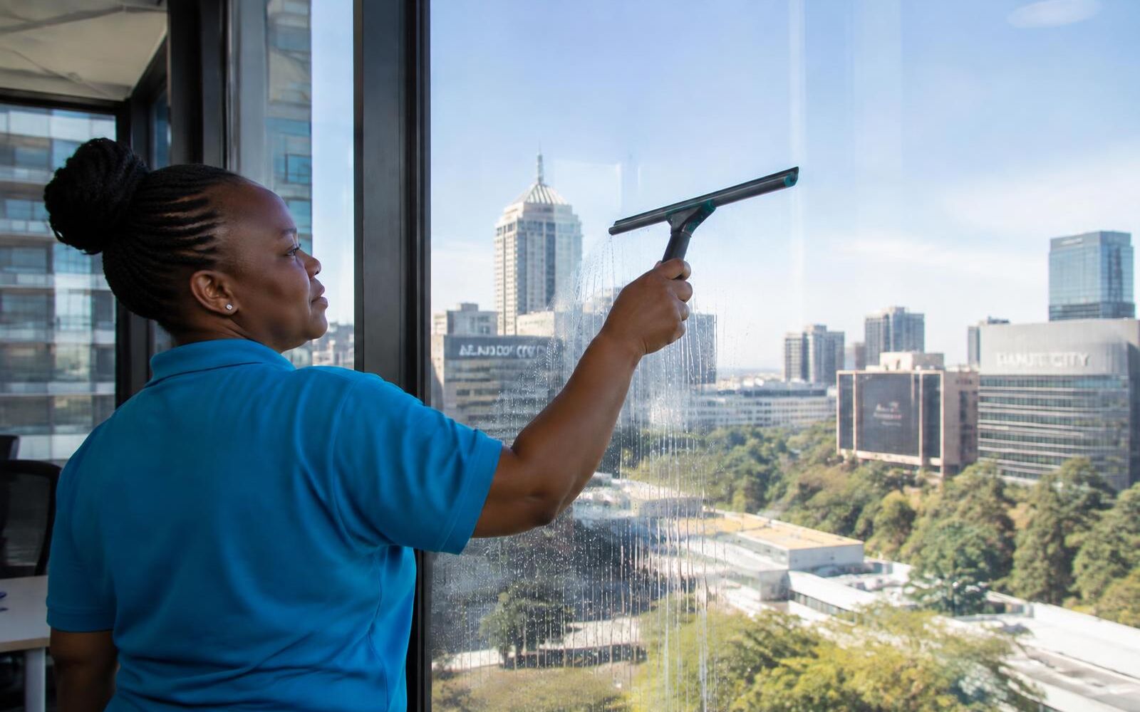 Cleaner in a blue shirt squeegeeing an office window above Johannesburg
