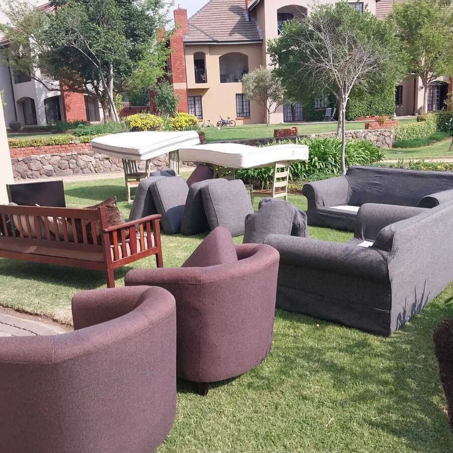 Lounge suite cleaned and drying in the sun